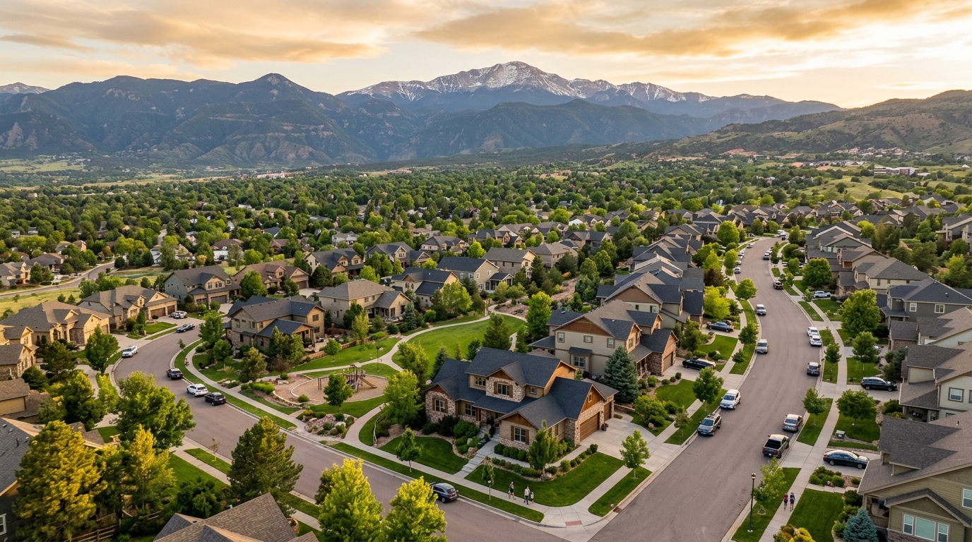 Aerial view of Colorado Springs neighborhoods with Pikes Peak in the background