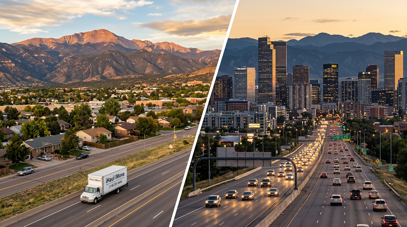 Colorado Springs skyline with Pikes Peak in the background versus Denver cityscape