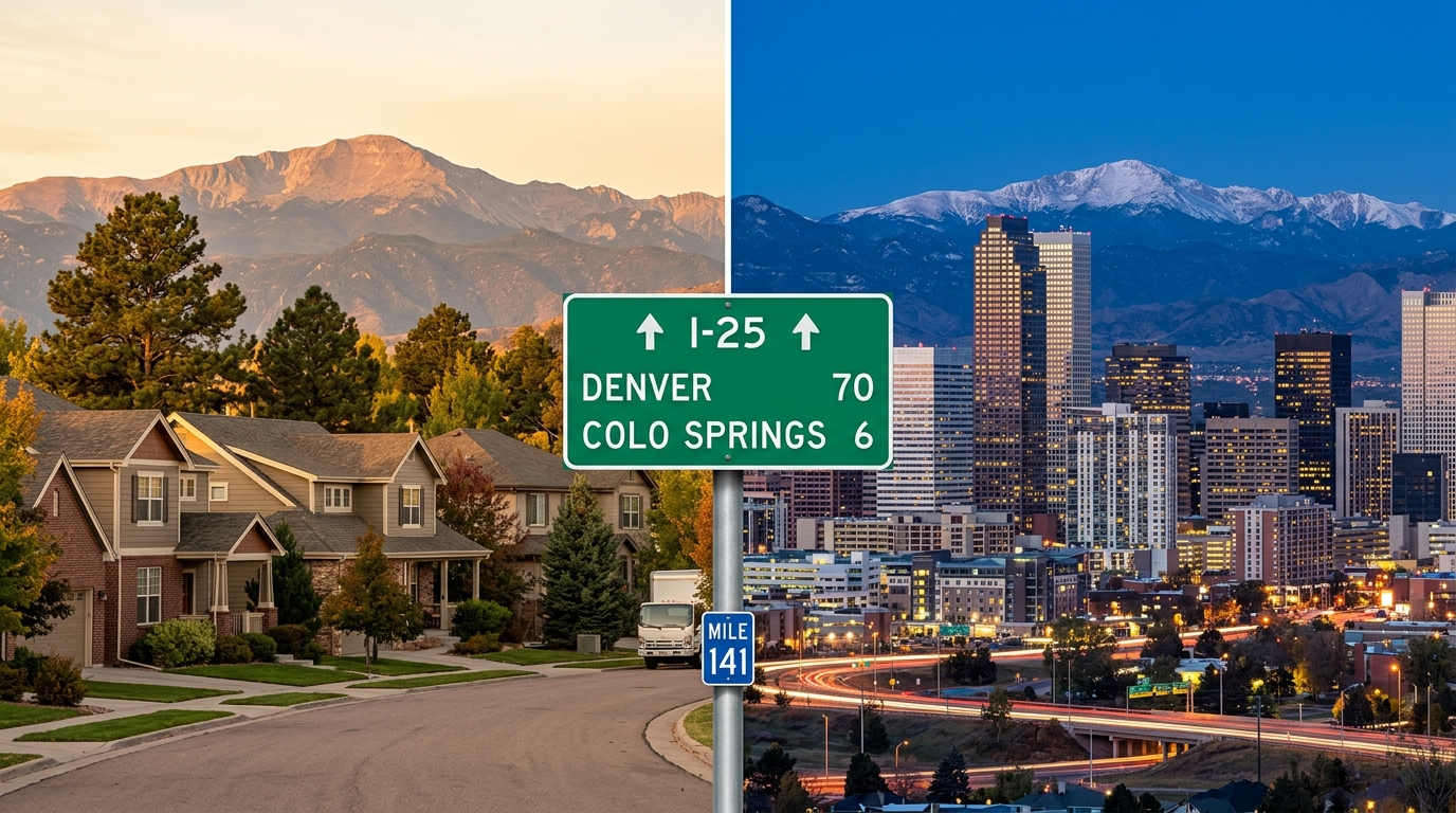 Cost of living comparison between Colorado Springs and Denver skylines with Pikes Peak
