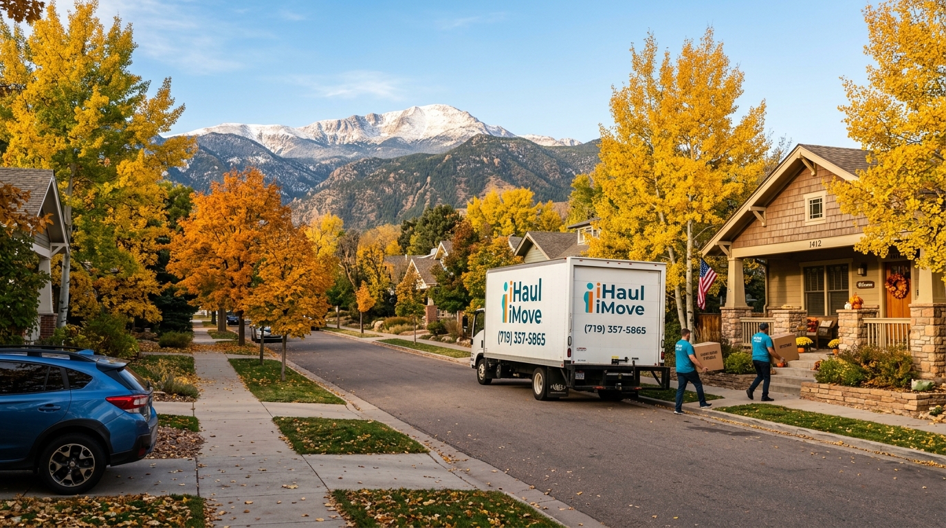 Colorado Springs neighborhood with fall foliage during autumn moving season