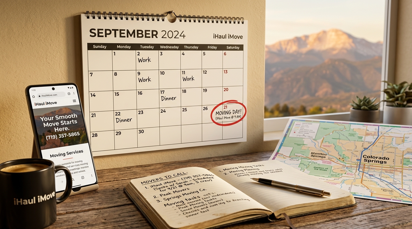 Calendar marked with moving date and Colorado Springs movers scheduling timeline