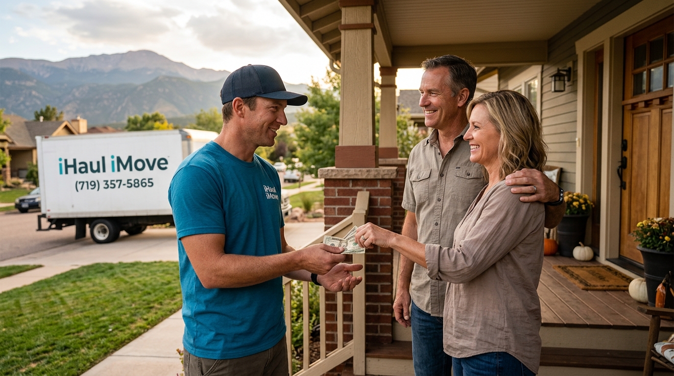 Customer handing tip to professional Colorado Springs mover on moving day