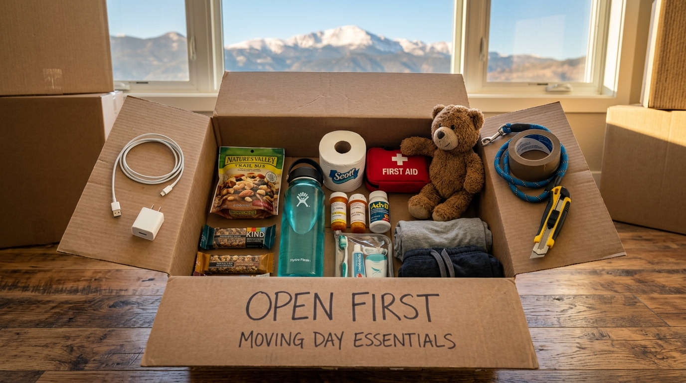 Packed essentials box ready for moving day with important supplies