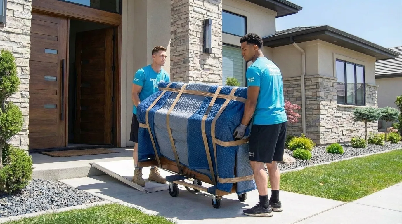iHaul iMove crew carefully wheeling a wrapped piano on a dolly outside a Colorado home